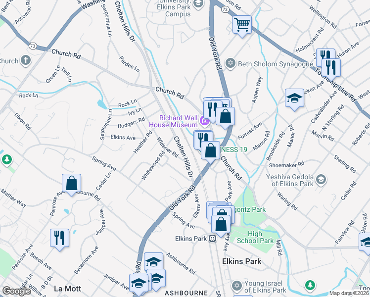map of restaurants, bars, coffee shops, grocery stores, and more near 625 Chelten Hills Drive in Elkins Park