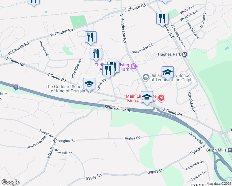 map of restaurants, bars, coffee shops, grocery stores, and more near 618 Shoemaker Road in King of Prussia