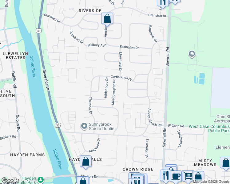 map of restaurants, bars, coffee shops, grocery stores, and more near 5991 Meadowsglen Drive in Dublin