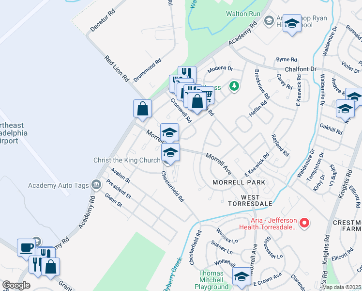 map of restaurants, bars, coffee shops, grocery stores, and more near 3281 Morrell Avenue in Philadelphia