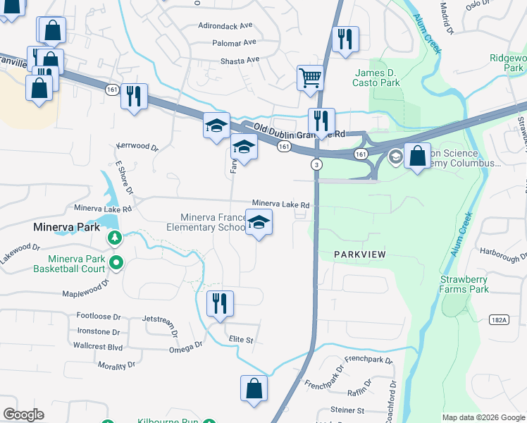 map of restaurants, bars, coffee shops, grocery stores, and more near 3219 Minerva Lake Road in Columbus