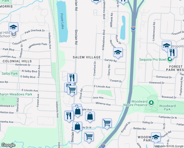 map of restaurants, bars, coffee shops, grocery stores, and more near 5447 Crawford Drive in Columbus