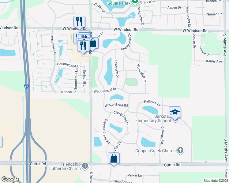 map of restaurants, bars, coffee shops, grocery stores, and more near 2705 Wedgewood Drive in Champaign