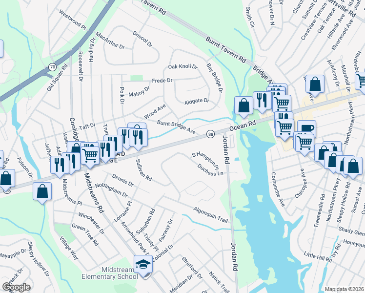 map of restaurants, bars, coffee shops, grocery stores, and more near 2193 New Jersey 88 in Brick Township