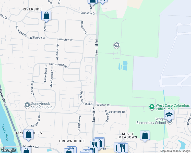 map of restaurants, bars, coffee shops, grocery stores, and more near 5211 Sawmill Road in Columbus