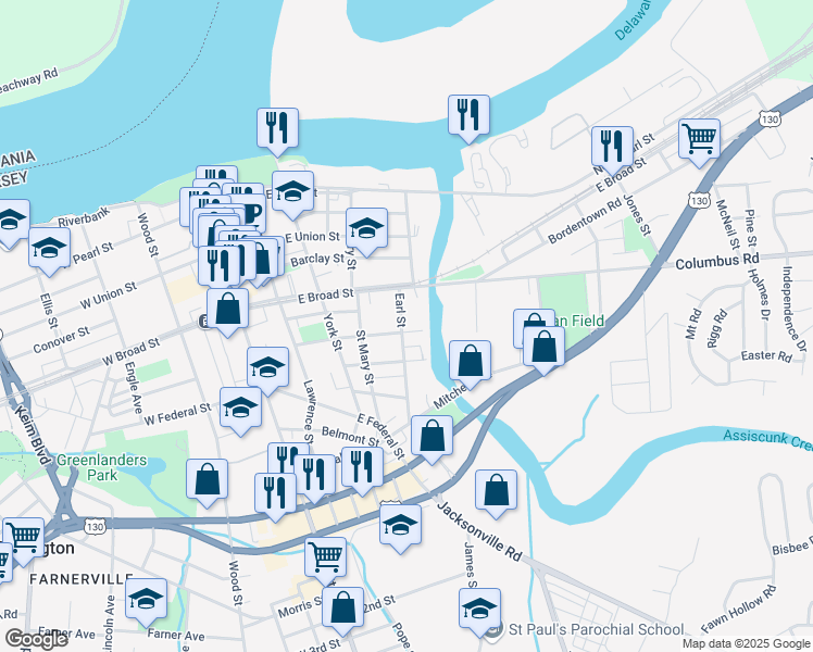 map of restaurants, bars, coffee shops, grocery stores, and more near 341 Clarkson Street in Burlington