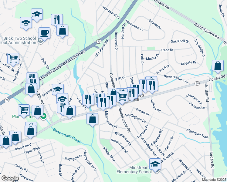 map of restaurants, bars, coffee shops, grocery stores, and more near 22 Coolidge Drive in Brick