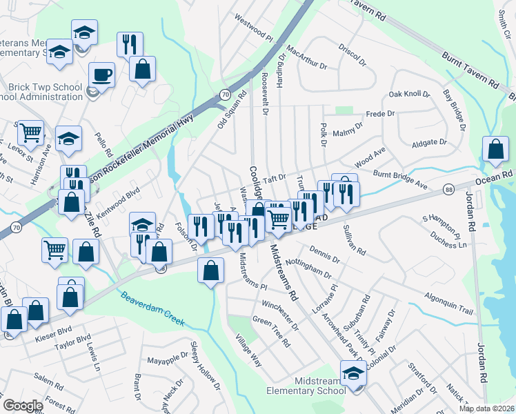 map of restaurants, bars, coffee shops, grocery stores, and more near 20 Coolidge Drive in Brick Township