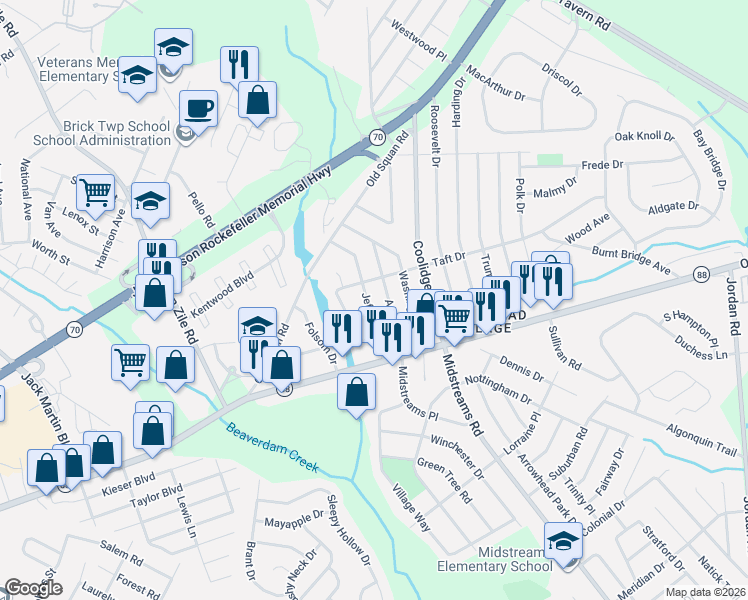 map of restaurants, bars, coffee shops, grocery stores, and more near 28 Jefferson Drive in Brick Township