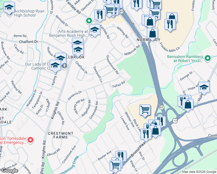map of restaurants, bars, coffee shops, grocery stores, and more near 4418 Crossland Road in Philadelphia