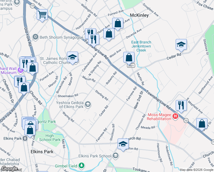 map of restaurants, bars, coffee shops, grocery stores, and more near 317 Marvin Road in Elkins Park