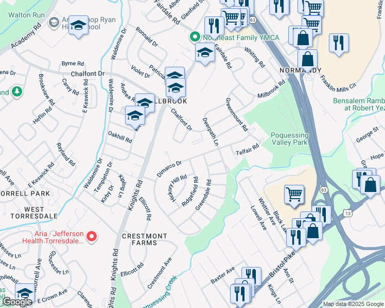 map of restaurants, bars, coffee shops, grocery stores, and more near 244 Dimarco Drive in Philadelphia