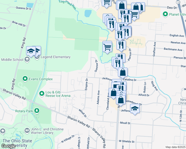 map of restaurants, bars, coffee shops, grocery stores, and more near 1037 Sunrise Drive in Newark