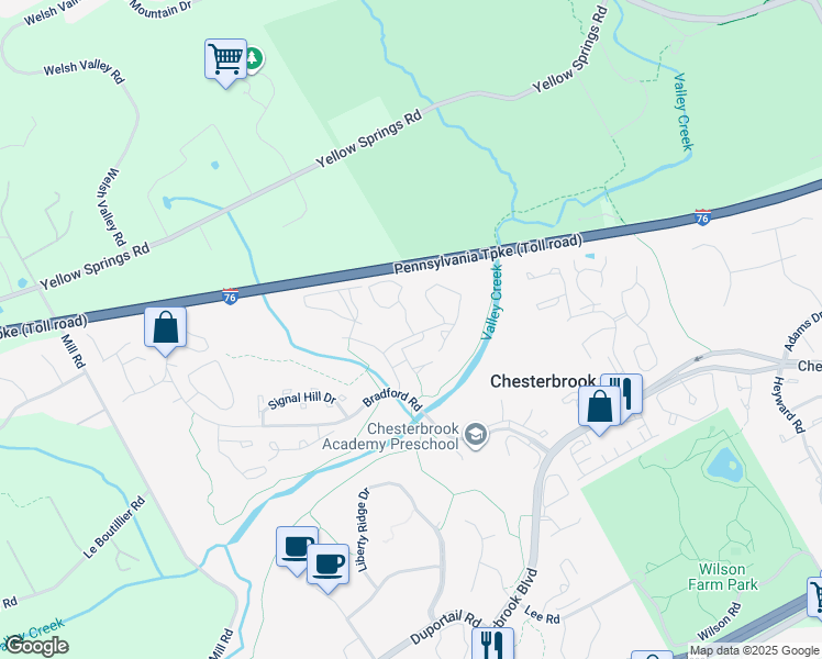 map of restaurants, bars, coffee shops, grocery stores, and more near 114 Valley Stream Circle in Wayne