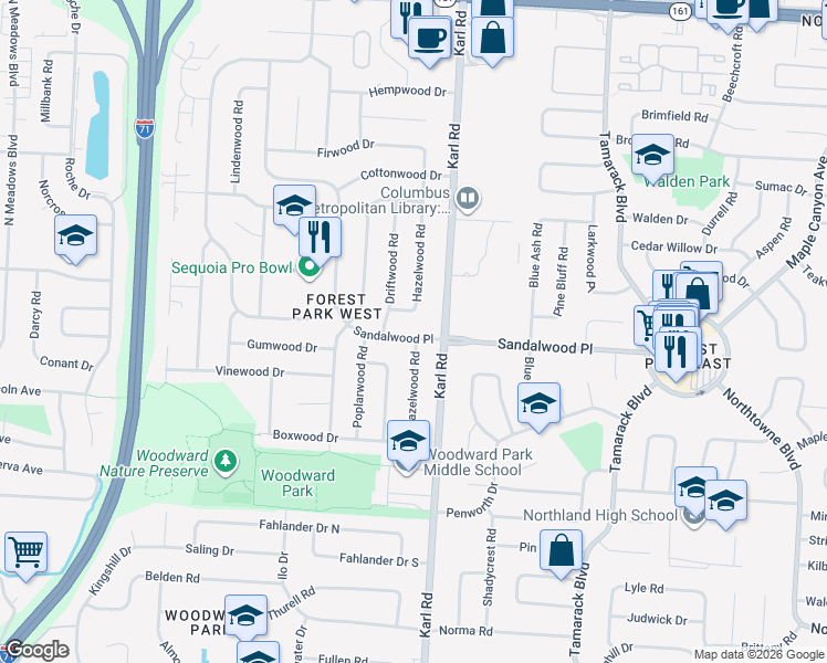 map of restaurants, bars, coffee shops, grocery stores, and more near 1516 Sandalwood Place in Columbus