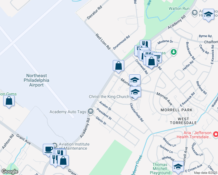 map of restaurants, bars, coffee shops, grocery stores, and more near 9951 Academy Road in Philadelphia