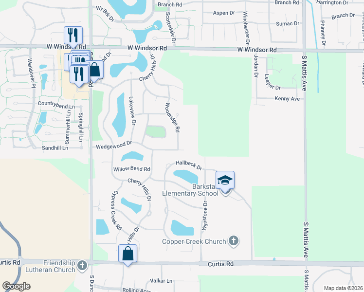 map of restaurants, bars, coffee shops, grocery stores, and more near 2812 Woodridge Road in Champaign
