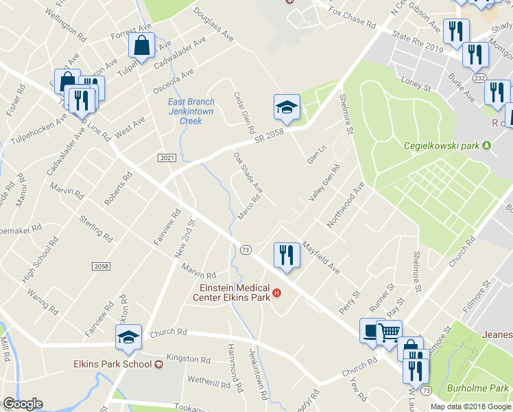 map of restaurants, bars, coffee shops, grocery stores, and more near 221 Marco Road in Elkins Park