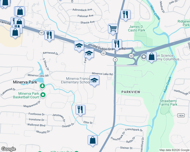 map of restaurants, bars, coffee shops, grocery stores, and more near 3219 Minerva Lake Road in Columbus