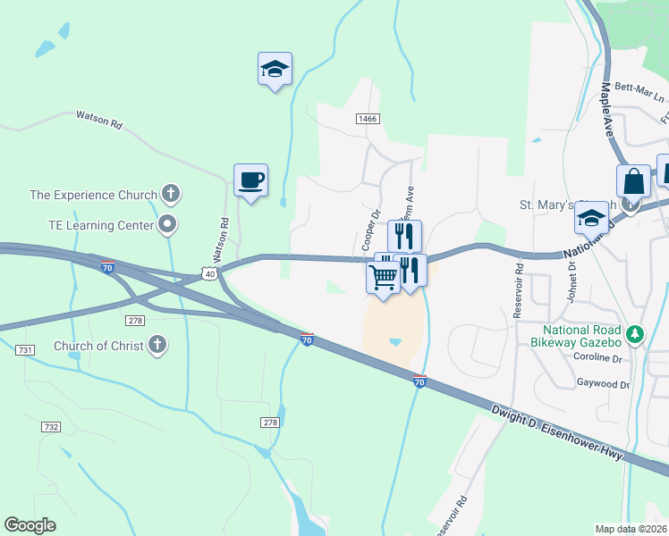 map of restaurants, bars, coffee shops, grocery stores, and more near 48258 National Road West in St. Clairsville