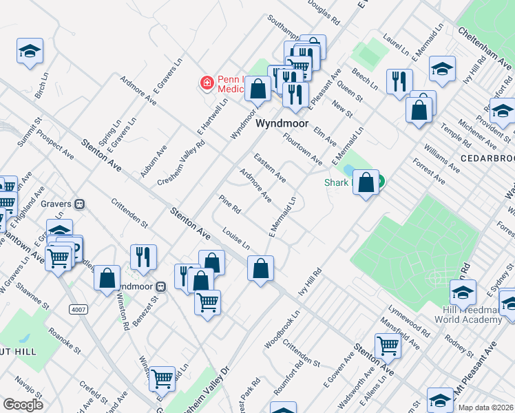 map of restaurants, bars, coffee shops, grocery stores, and more near 7808 Ardmore Avenue in Wyndmoor