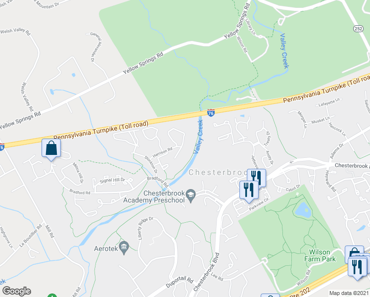 map of restaurants, bars, coffee shops, grocery stores, and more near 285 Valley Stream Lane in Chesterbrook