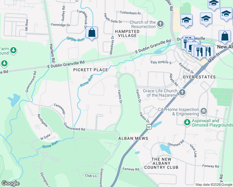 map of restaurants, bars, coffee shops, grocery stores, and more near 4737 Yantis Drive in New Albany
