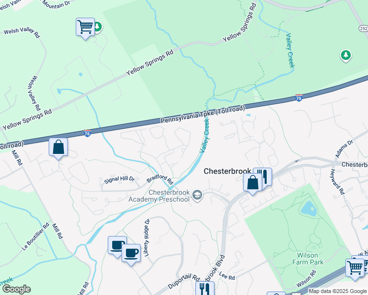 map of restaurants, bars, coffee shops, grocery stores, and more near 214 Valley Stream Lane in Chesterbrook