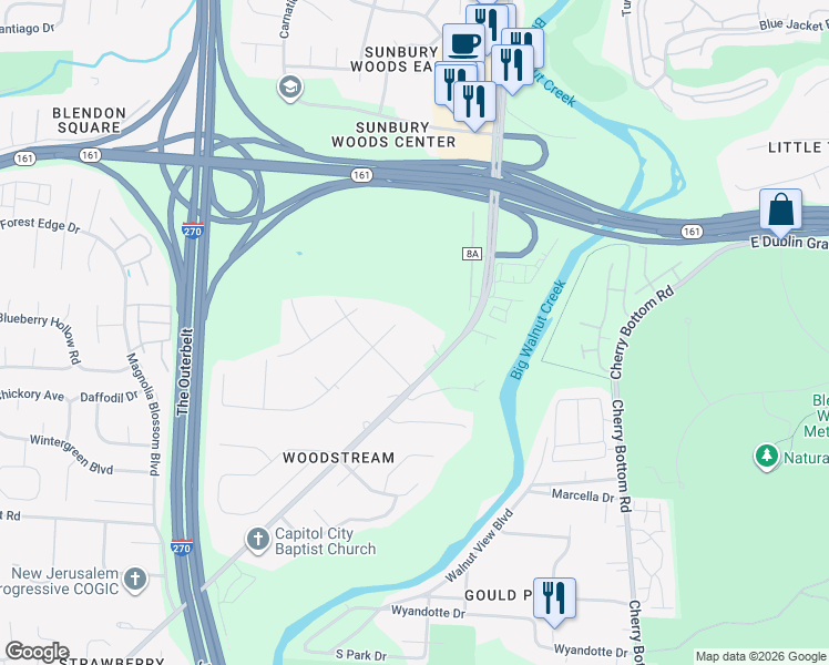 map of restaurants, bars, coffee shops, grocery stores, and more near 5750 Echo Court in Columbus