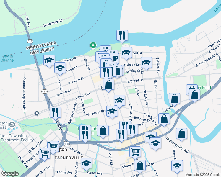 map of restaurants, bars, coffee shops, grocery stores, and more near 24 West Broad Street in Burlington