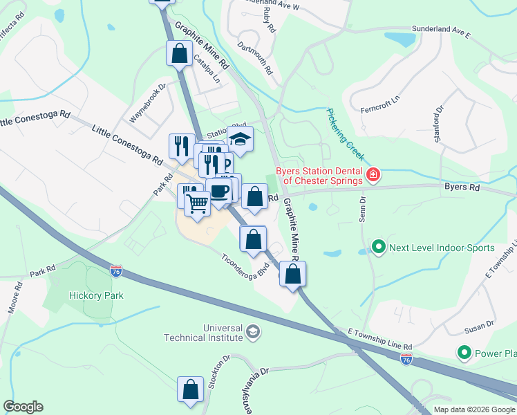 map of restaurants, bars, coffee shops, grocery stores, and more near 124 Byers Rd in Chester Springs