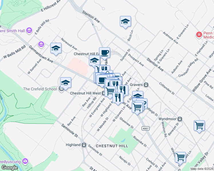map of restaurants, bars, coffee shops, grocery stores, and more near 8623 Germantown Avenue in Philadelphia