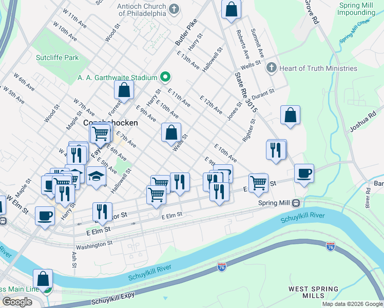 map of restaurants, bars, coffee shops, grocery stores, and more near 401 East 9th Avenue in Conshohocken