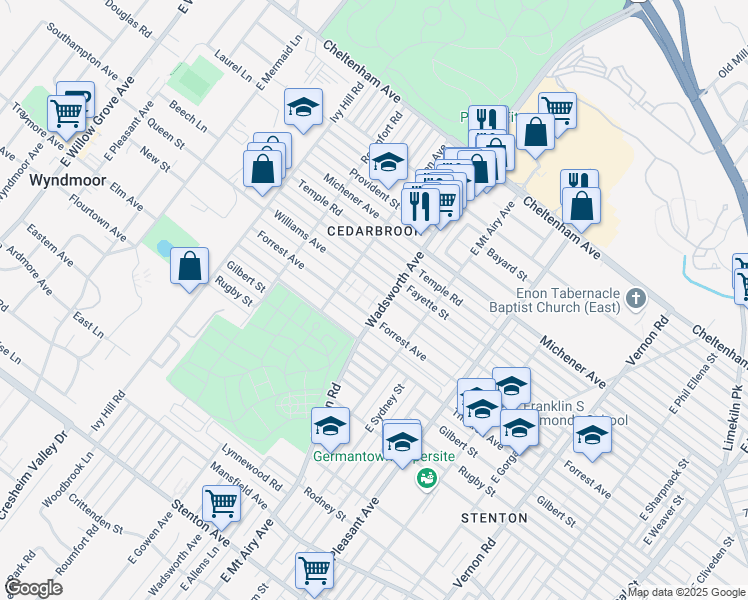 map of restaurants, bars, coffee shops, grocery stores, and more near 1335 Wadsworth Avenue in Philadelphia