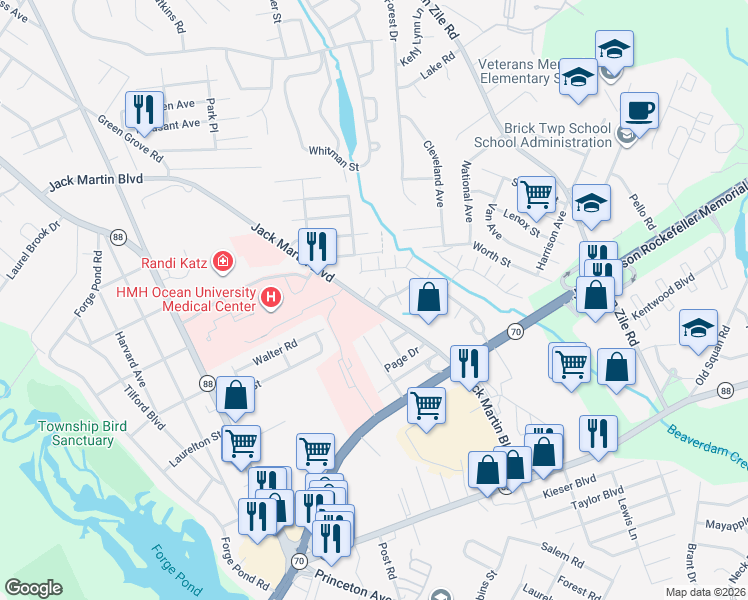map of restaurants, bars, coffee shops, grocery stores, and more near 388 Quadara Boulevard in Brick Township
