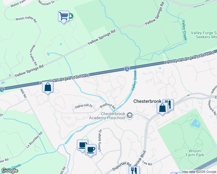map of restaurants, bars, coffee shops, grocery stores, and more near 101 Valley Stream Circle in Chesterbrook