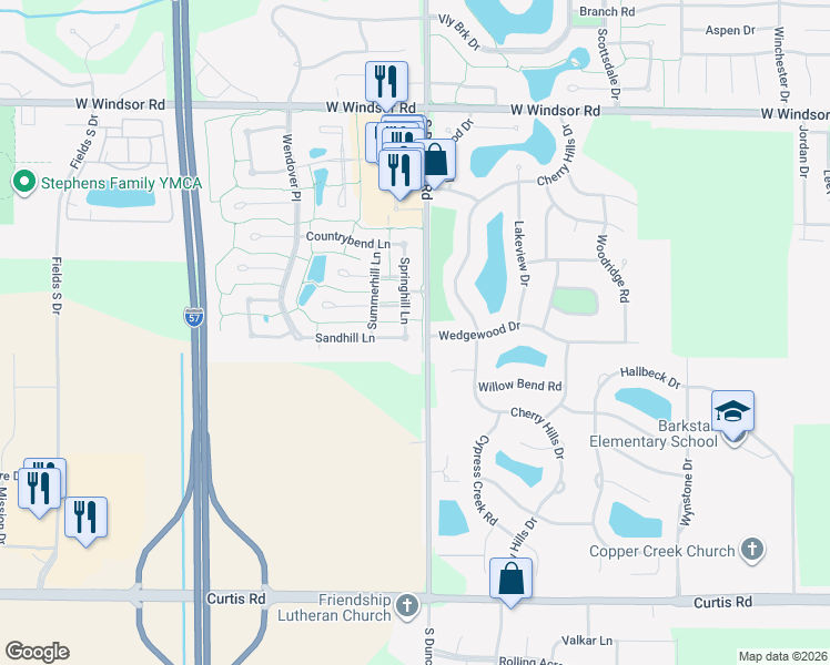 map of restaurants, bars, coffee shops, grocery stores, and more near 3003 Sandhill Lane in Champaign