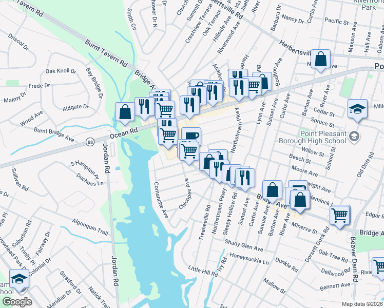 map of restaurants, bars, coffee shops, grocery stores, and more near 3201 Bridge Avenue in Point Pleasant