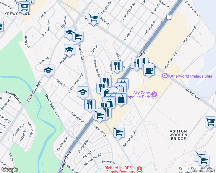 map of restaurants, bars, coffee shops, grocery stores, and more near 2037 Beyer Avenue in Philadelphia