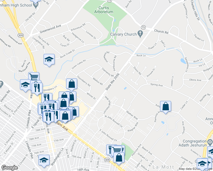 map of restaurants, bars, coffee shops, grocery stores, and more near 7749 Mellon Road in Wyncote