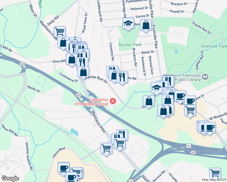 map of restaurants, bars, coffee shops, grocery stores, and more near 205 Granite Run Dr in Lancaster