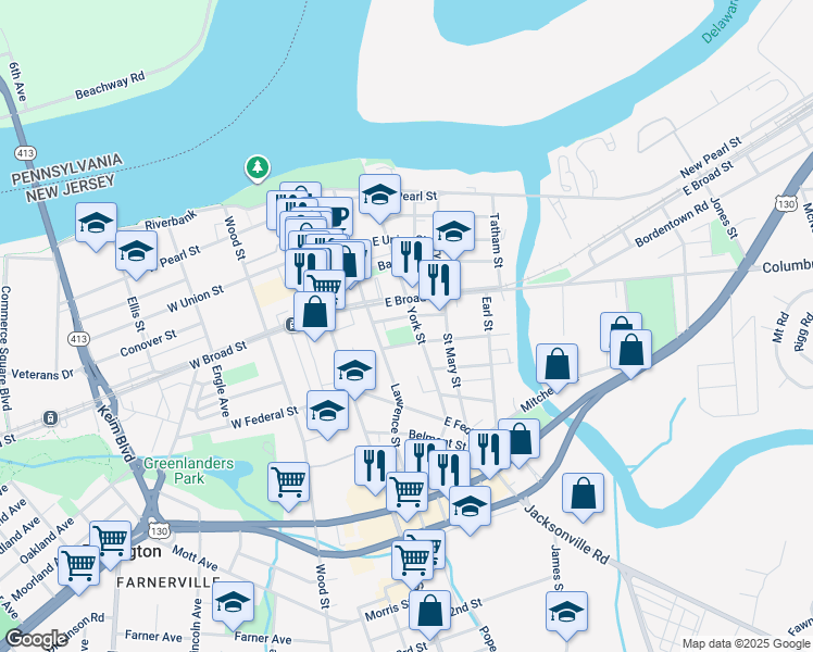 map of restaurants, bars, coffee shops, grocery stores, and more near 434 York Street in Burlington