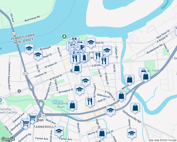 map of restaurants, bars, coffee shops, grocery stores, and more near 417 Lawrence Street in Burlington
