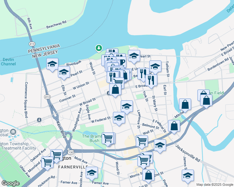 map of restaurants, bars, coffee shops, grocery stores, and more near 24 West Broad Street in Burlington