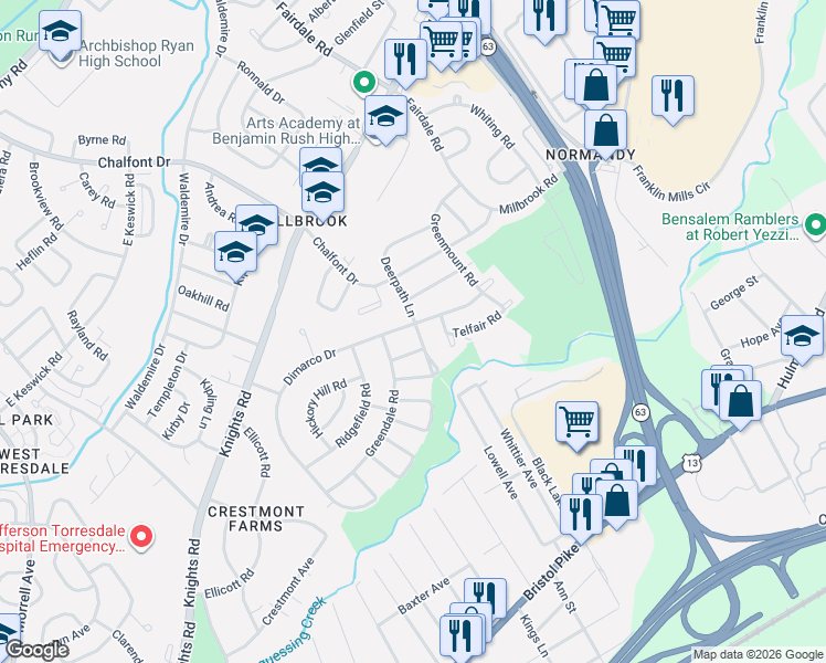 map of restaurants, bars, coffee shops, grocery stores, and more near 219 Hickory Hill Road in Philadelphia