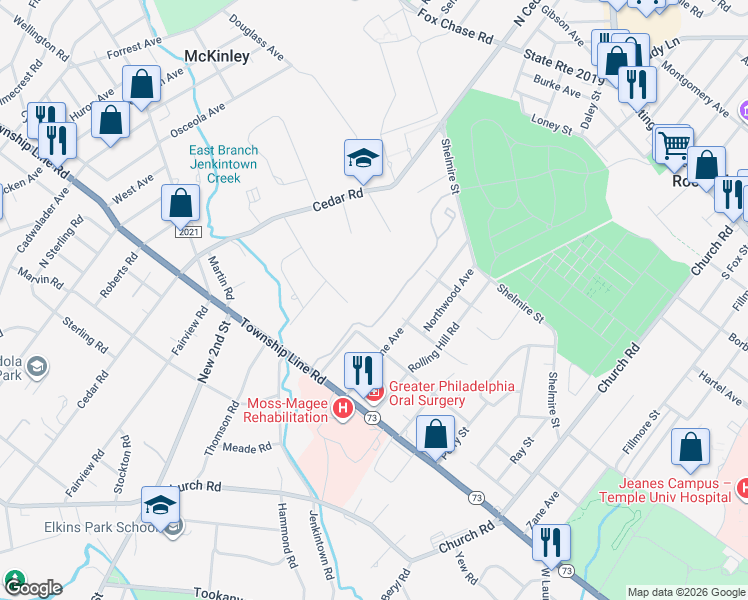 map of restaurants, bars, coffee shops, grocery stores, and more near 810 Valley Glen Road in Elkins Park