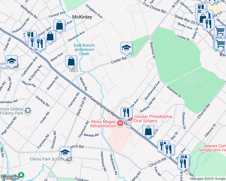 map of restaurants, bars, coffee shops, grocery stores, and more near 221 Marco Road in Elkins Park