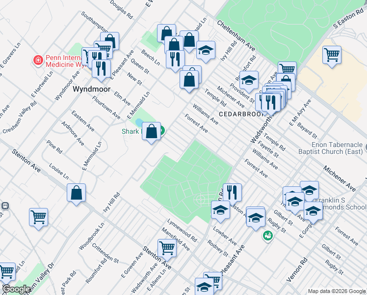 map of restaurants, bars, coffee shops, grocery stores, and more near 8600 Rugby Street in Philadelphia