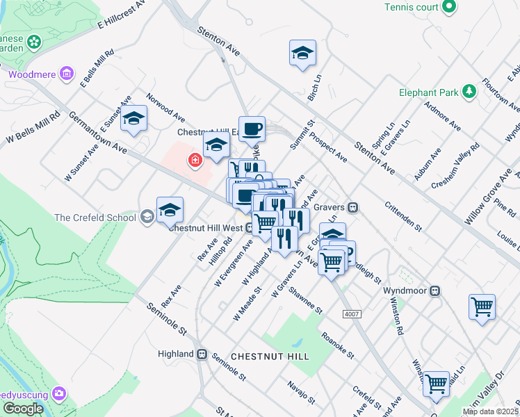map of restaurants, bars, coffee shops, grocery stores, and more near 183 East Evergreen Avenue in Philadelphia