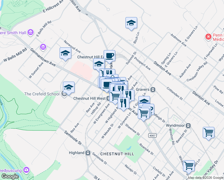 map of restaurants, bars, coffee shops, grocery stores, and more near 8622 Germantown Avenue in Philadelphia